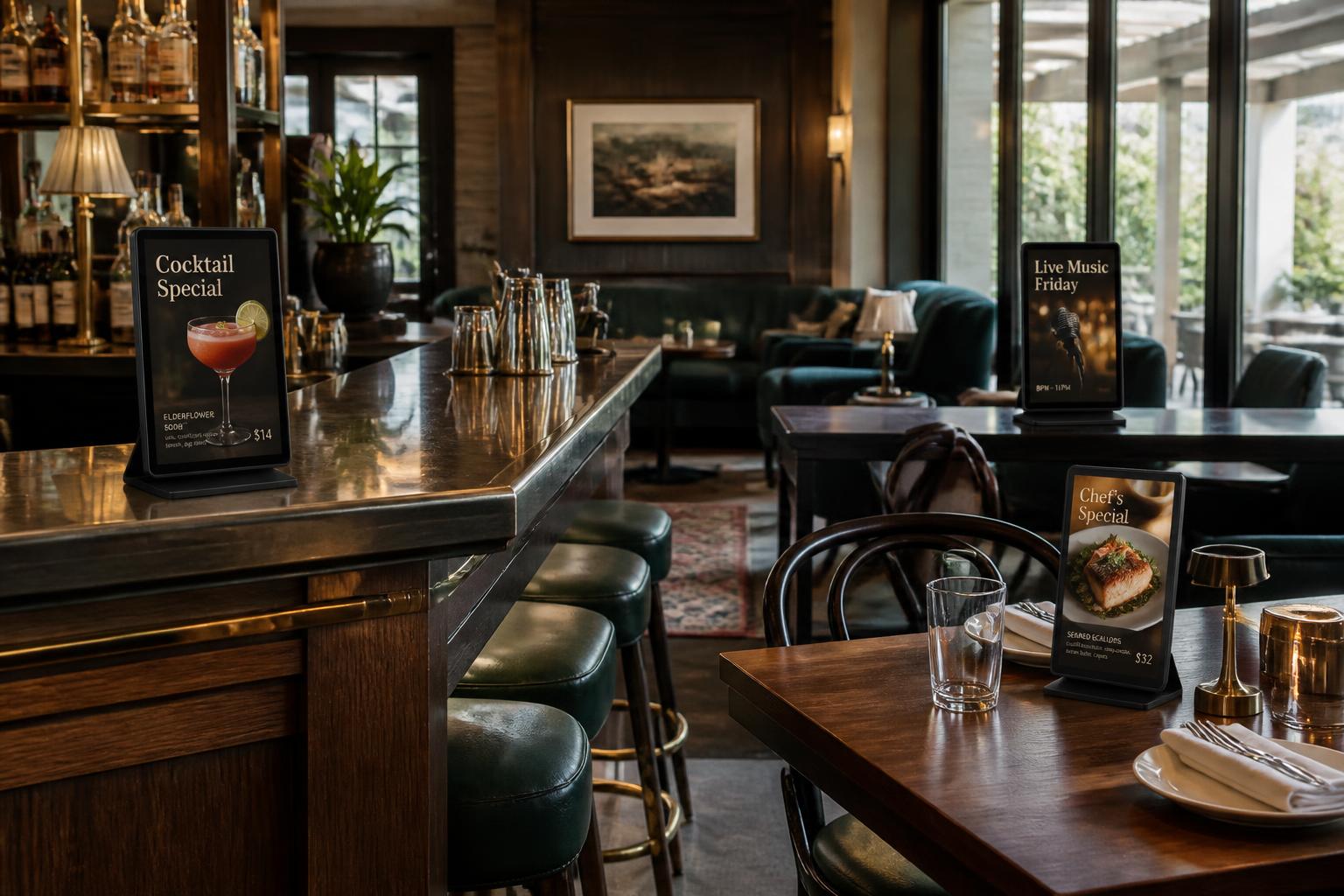 Three digital table-top displays promoting a cocktail, chef's special and live music in a premium venue